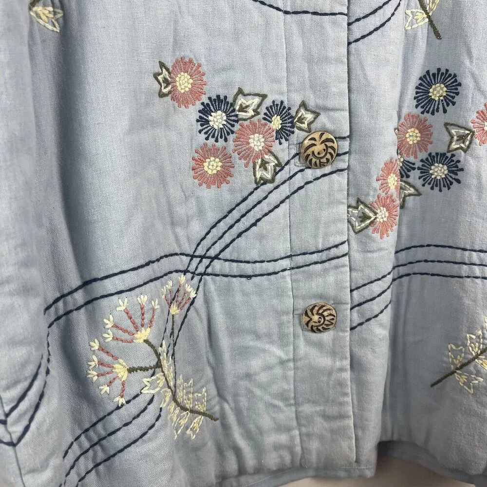 Cedar‎ Canyon Womens Floral Embroidered Jacket Large Blue Linen Blend Cottage
